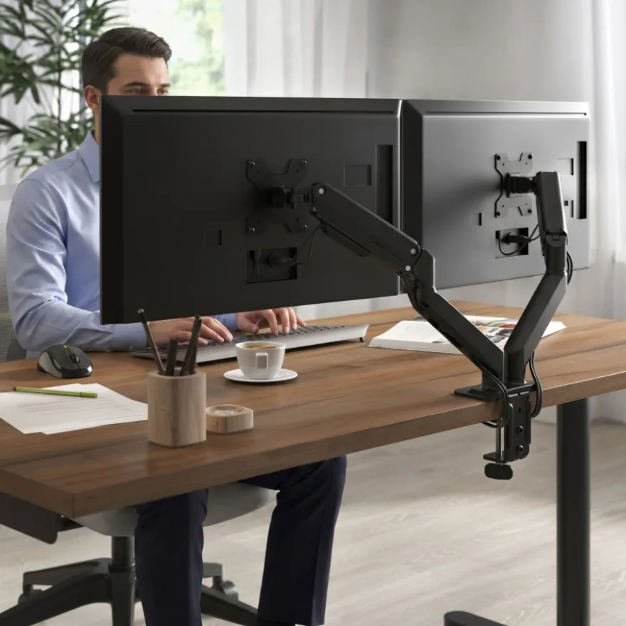 Braccio monitor doppio con molla a gas, per 2 schermi