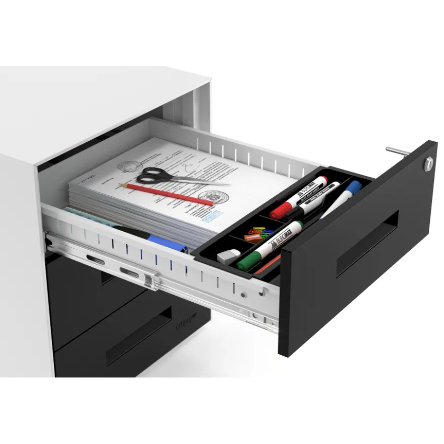 Cassettiera ufficio Block, 3 cassetti, struttura bianca, frontali in metallo