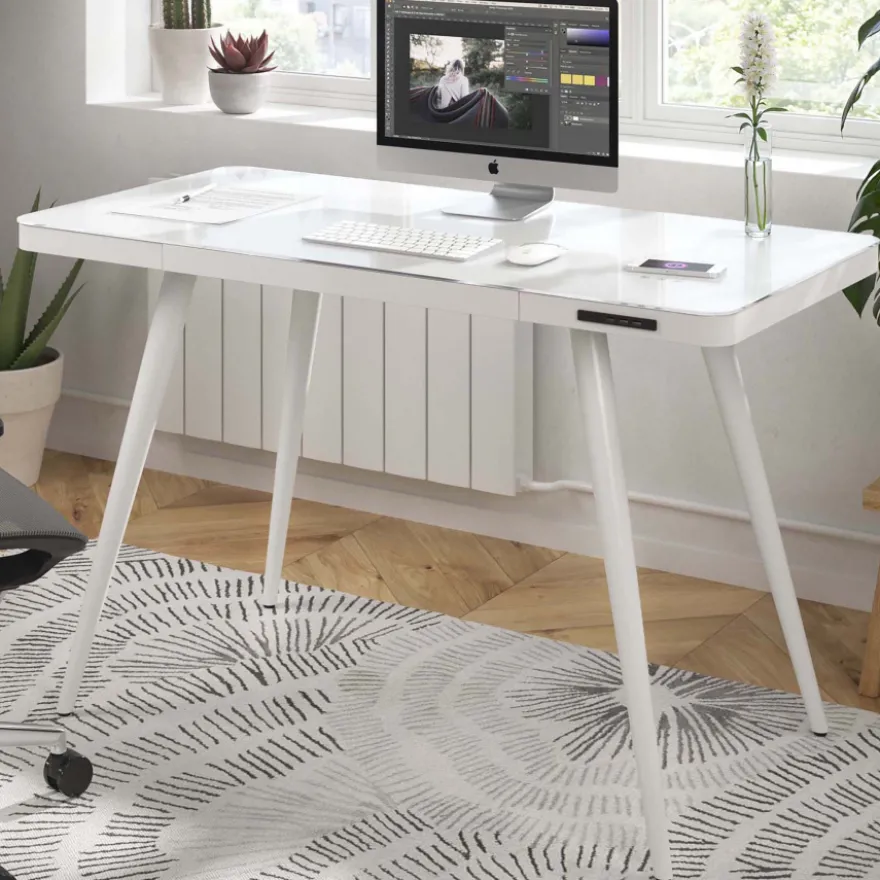Scrivania di design Clarity, con caricatore wireless e gambe in acciaio