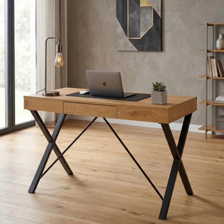 Scrivania PC Niza in legno massiccio di rovere e gambe a croce in acciaio