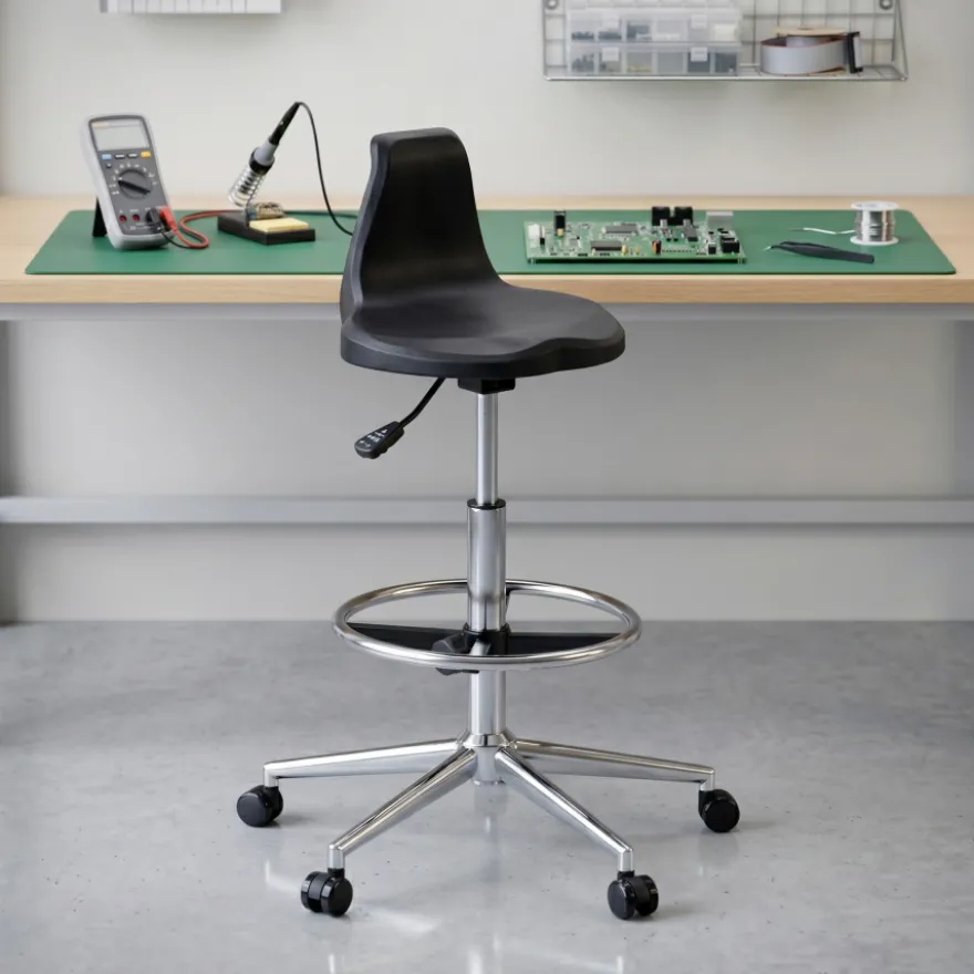 Sgabello da lavoro con schienale Polytec, ergonomico