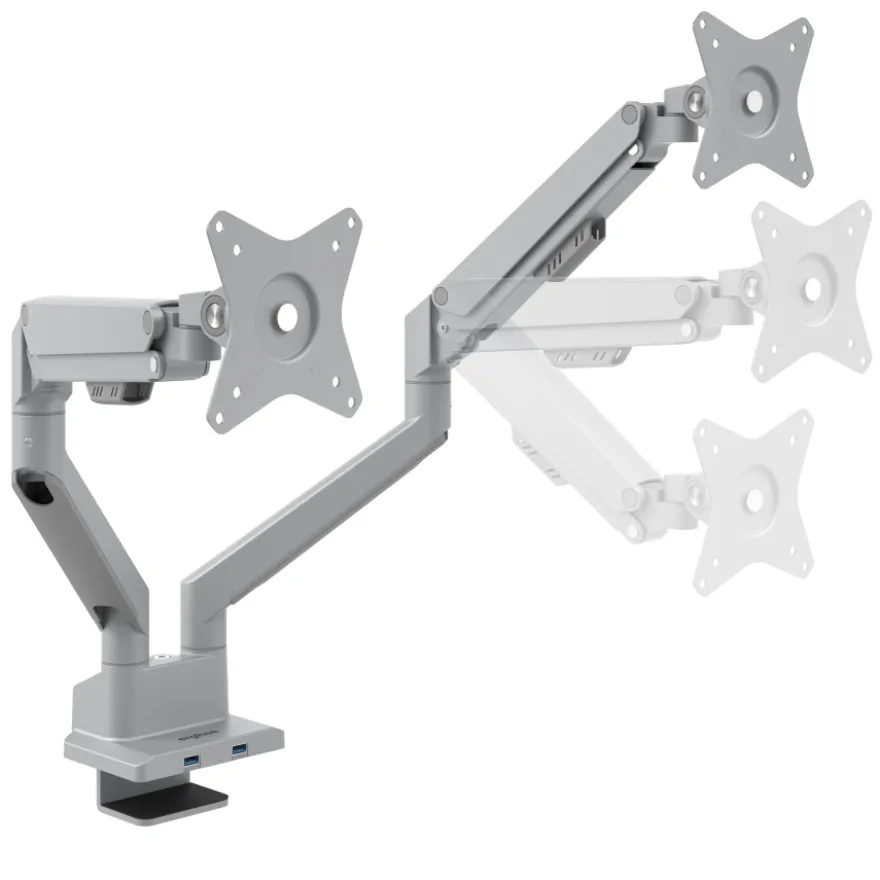 Supporto monitor scrivania doppio con porta USB, alluminio, 2 schermi