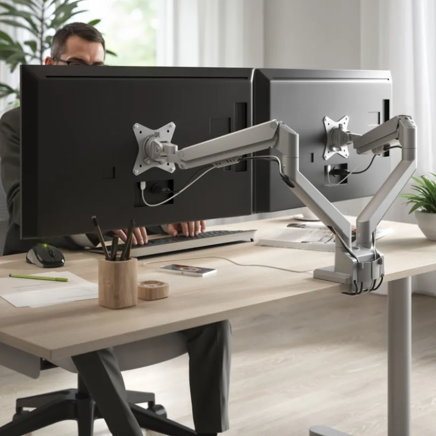 Supporto monitor scrivania doppio con porta USB, alluminio, 2 schermi